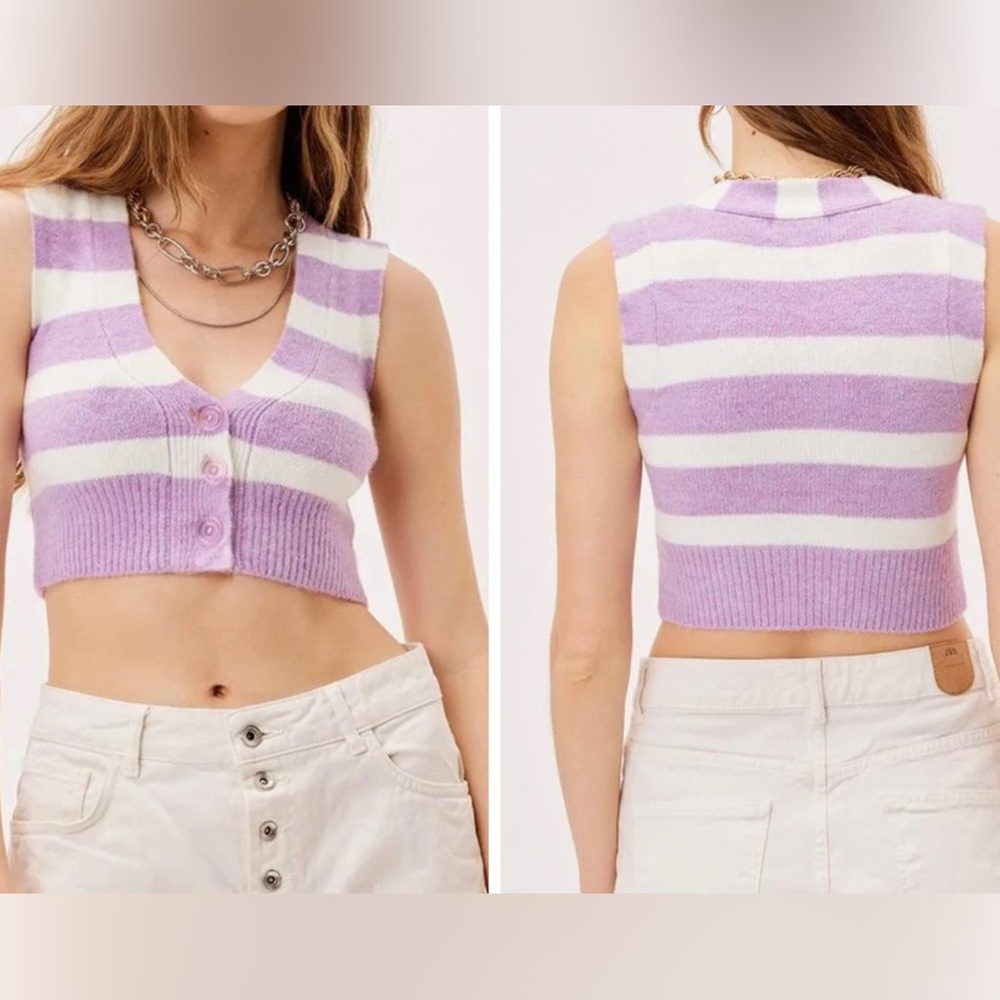 For Love & Lemons Maud Cropped Sweater
Vest Purple White Striped Size: Small